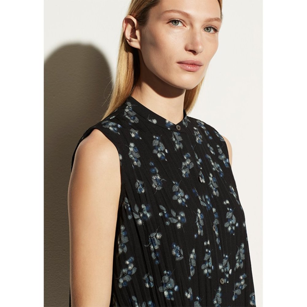 Vince Dandelion Sleeveless Band Collar Blouse Floral Print Top Black Celadon XL